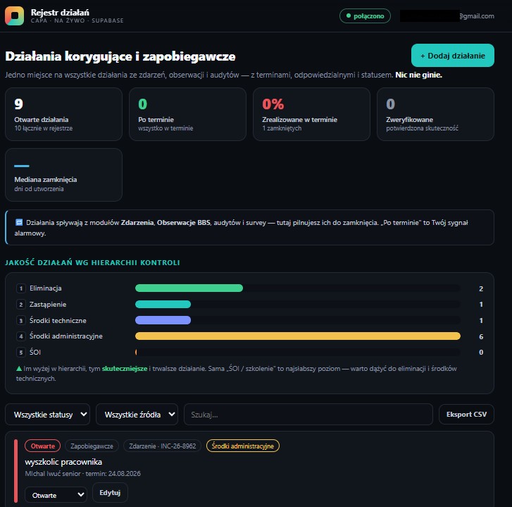 Działania CAPA — podgląd modułu